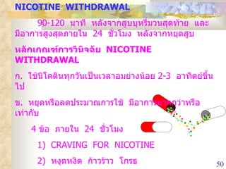 NICOTINE  WITHDRAWAL 90-120  นาที  หลังจากสูบบุหรี่มวนสุดท้าย  และมีอาการสูงสุดภายใน  24  ชั่วโมง  หลังจากหยุดสูบ หลักเกณฑ์การวินิจฉัย  NICOTINE  WITHDRAWAL  ก .  ใช้นิโคตินทุกวันเป็นเวลาอมย่างน้อย  2-3  อาทิตย์ขึ้นไป ข .  หยุดหรือลดประมาณการใช้  มีอาการมากกว่าหรือเท่ากับ  4  ข้อ  ภายใน  24  ชั่วโมง 1)  CRAVING  FOR  NICOTINE 2 )  หงุดหงิด  ก้าวร้าว  โกรธ 3)  กังวลใจ 4)  สมาธิไม่ดี 