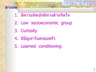 สาเหตุ 1.  มีความผิดปกติทางด้านจิตใจ 2.  Low  socioeconomic  group 3.  Curiosity 4.  มีปัญหาในครอบครัว 5.  Learned  conditioning 