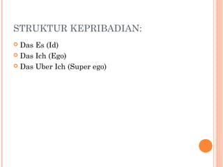 STRUKTUR KEPRIBADIAN:
 Das Es (Id)
 Das Ich (Ego)

 Das Uber Ich (Super ego)
 