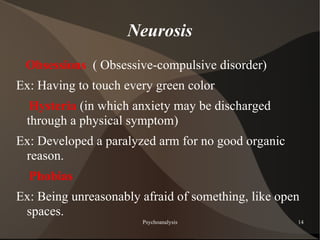 Neurosis
 Obsessions ( Obsessive-compulsive disorder)
Ex: Having to touch every green color
  Hysteria (in which anxiety may be discharged
 through a physical symptom)
Ex: Developed a paralyzed arm for no good organic
 reason.
  Phobias
Ex: Being unreasonably afraid of something, like open
 spaces.
                       Psychoanalysis               14
 