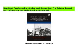 DOWNLOAD ON THE LAST PAGE !!!!
Download Here https://ebooklibrary.solutionsforyou.space/?book=1032105194 Laura Sokolowsky's survey of psychoanalysis under Weimar and Nazism explores how the paradigm of a 'psychoanalysis for all' became untenable as the Nazis rose to power.Mainly discussing the evolution of the Berlin Institute during the period between Freud's creation of free psychoanalytic centres after the founding of the Weimar Republic and the Nazi seizure of power in 1933, the book explores the ideal of making psychoanalysis available to the population of a shattered country after World War I, and charts how the Institute later came under Nazi control following the segregation and dismissal of Jewish colleagues in the late 1930s. The book shows how Freudian standards resisted the medicalization of psychoanalysis for purposes of adaptation and normalisation, but also follows Freud's distinction between sacrifice (where you know what you have given up) and concession (an abandonment of position through compromise) to demonstrate how German psychoanalysts put themselves at the service of the fascist master, in the hope of obtaining official recognition and material rewards.Discussing the relations of psychoanalysis with politics and ethics, as well as the origin of the Lacanian movement as a response to the institutionalisation of psychoanalysis during the Nazi occupation, this book is fascinating reading for scholars and practitioners of psychoanalysis working today. Download Online PDF Psychoanalysis Under Nazi Occupation: The Origins, Impact and Influence of the Berlin Institute Download PDF Psychoanalysis Under Nazi Occupation: The Origins, Impact and Influence of the Berlin Institute Read Full PDF Psychoanalysis Under Nazi Occupation: The Origins, Impact and Influence of the Berlin Institute
Best Book Psychoanalysis Under Nazi Occupation: The Origins, Impact
and Influence of the Berlin Institute Paperback
 