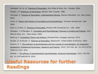 Useful Resources for further
Readings
 Campbell, J.B. et. al. Theories of Personality. John Wiley & Sons, Inc.: Canada. 2004.
 Chaplin, J.P. Dictionary of Psychology. Bantam Dell: Canada. 1986.
 Cloninger, S. Theories of Personality: Understanding Persons. Pearson Education, Inc: New Jersey.
2004.
 Corey, G. Theory and Practice of Counseling and Psychotherapy. Thomson Brooks/Cole: USA.
2009.
 Feist, G. & Feist, G. Theories of Personality. McGraw-Hill Companies Inc.: USA. 2008.
 Flanagan, J. & Flanagan, R. Counseling and Psychotherapy Theories in Context and Practice. John
Wiley & Sons, Inc. : New Jersey. 2004.
 Neukrug, E. Counseling Theory and Practice. Brookes/Cole, Cengage Learning. 2010.
 Schultz, D. & Schultz, S. Theories of Personality. Wadsworth: United States of America. 2005.
 Scaturo, D. J. The evolution of psychotherapy and the concept of manualization: An integrative
perspective. Professional Psychology: Research and Practice, 32(5), 522-530. doi: 10.1037//0735-
7028.32.5.522. 2001.
 Shedler, J. The efficacy of psychodynamic psychotherapy. American Psychologist, 65(2), 98-109.
doi: 10.1037/a0018378. 2010.
 