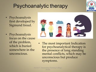 Psychoanalytic therapy
• The most important Indication
for psychoanalytical therapy is
the presence of long standing
mental conflicts, which may be
unconscious but produce
symptoms.
• Psychoanalysis
first developed by
Sigmund freud.
• Psychoanalysis
focus on the cause
of the problem,
which is buried
somewhere in the
unconscious.
Suresh V, Sumandeep Nursing College,
SVDU
 