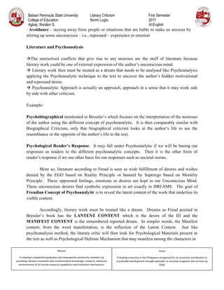 Bataan Peninsula State University Literary Criticism First Semester
College of Education Normi Lugtu 2017
Agbay, Noralyn G. III-English
Mission
To develop competitive graduates and empowered community members by
providing relevant innovative and transformative knowledge, research, extension
enhancement of its human resource capabilities and institution mechanisms.
Vision
A leading university in the Philippines recognized for its proactive contribution to
sustainable development through equitable an inclusive programs and services by
2030.
· Avoidance – staying away from people or situations that are liable to make us anxious by
stirring up some unconscious – i.e., repressed – experience or emotion
Literature and Psychoanalysis
The unresolved conflicts that give rise to any neurosis are the stuff of literature because
literary work could be one of external expression of the author’s unconscious mind.
 Literary work then must be treated as a dream that needs to be analysed like Psychoanalysis
applying the Psychoanalytic technique to the text to uncover the author’s hidden motivational
and repressed desire.
 Psychoanalytic Approach is actually an approach, approach in a sense that it may work side
by side with other criticism.
Example:
Psychobiographical mentioned in Bressler’s which focuses on the interpretation of the neuroses
of the author using the different concept of psychoanalytic. It is then comparably similar with
Biographical Criticism, only that biographical criticism looks at the author’s life to see the
resemblance or the opposite of the author’s life to the text.
Psychological Reader’s Response. It may fall under Psychoanalytic if we will be basing our
responses as readers to the different psychoanalytic concepts. Then it is the other form of
reader’s response if we use other basis for our responses such as societal norms.
More so, literature according to Freud is seen as wish fulfillment of desires and wishes
denied by the EGO based on Reality Principle or banned by Superego based on Morality
Principle. These oppressed feelings, emotions or desires are kept in our Unconscious Mind.
These unconscious desires find symbolic expression in art exactly in DREAMS. The goal of
Freudian Concept of Psychoanalytic is to reveal the latent content of the work that underlies its
visible content.
Accordingly, literary work must be treated like a dream. Dreams as Freud posited in
Bressler’s book has the LANTENT CONTENT which is the desire of the ID and the
MANIFEST CONTENT is the remembered reported dream. In simpler words, the Manifest
content, from the word manifestation, is the reflection of the Latent Content. Just like
psychoanalysis method, the literary critic will then look for Psychological Materials present in
the text as well as Psychological Defense Mechanism that may manifest among the characters in
 