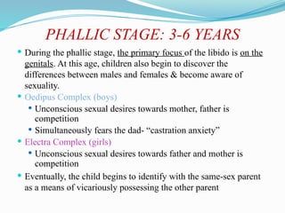 PHALLIC STAGE: 3-6 YEARS
 During the phallic stage, the primary focus of the libido is on the
genitals. At this age, children also begin to discover the
differences between males and females & become aware of
sexuality.
 Oedipus Complex (boys)
 Unconscious sexual desires towards mother, father is
competition
 Simultaneously fears the dad- “castration anxiety”
 Electra Complex (girls)
 Unconscious sexual desires towards father and mother is
competition
 Eventually, the child begins to identify with the same-sex parent
as a means of vicariously possessing the other parent.
 
