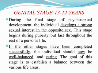 GENITAL STAGE:13-12 YEARS
 During the final stage of psychosexual
development, the individual develops a strong
sexual interest in the opposite sex. This stage
begins during puberty but last throughout the
rest of a person's life.
 If the other stages have been completed
successfully, the individual should now be
well-balanced, and caring. The goal of this
stage is to establish a balance between the
various life areas.
 