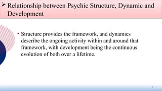 Relationship between Psychic Structure, Dynamic and
Development
• Structure provides the framework, and dynamics
describe the ongoing activity within and around that
framework, with development being the continuous
evolution of both over a lifetime.
4
 