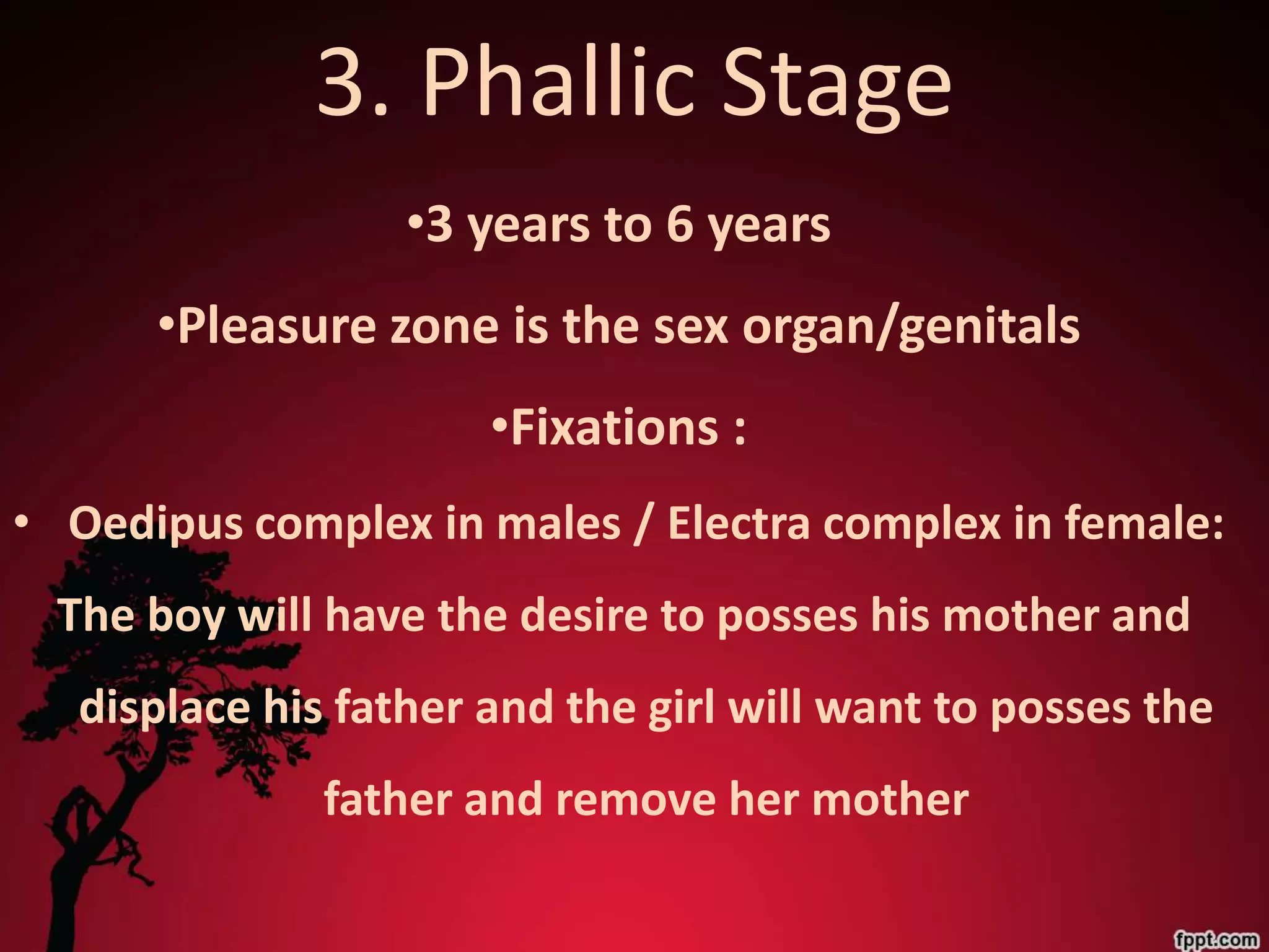 3. Phallic Stage
                   •3 years to 6 years
      •Pleasure zone is the sex organ/genitals
                       •Fixations :
• Oedipus complex in males / Electra complex in female:
  The boy will have the desire to posses his mother and
   displace his father and the girl will want to posses the
               father and remove her mother
 