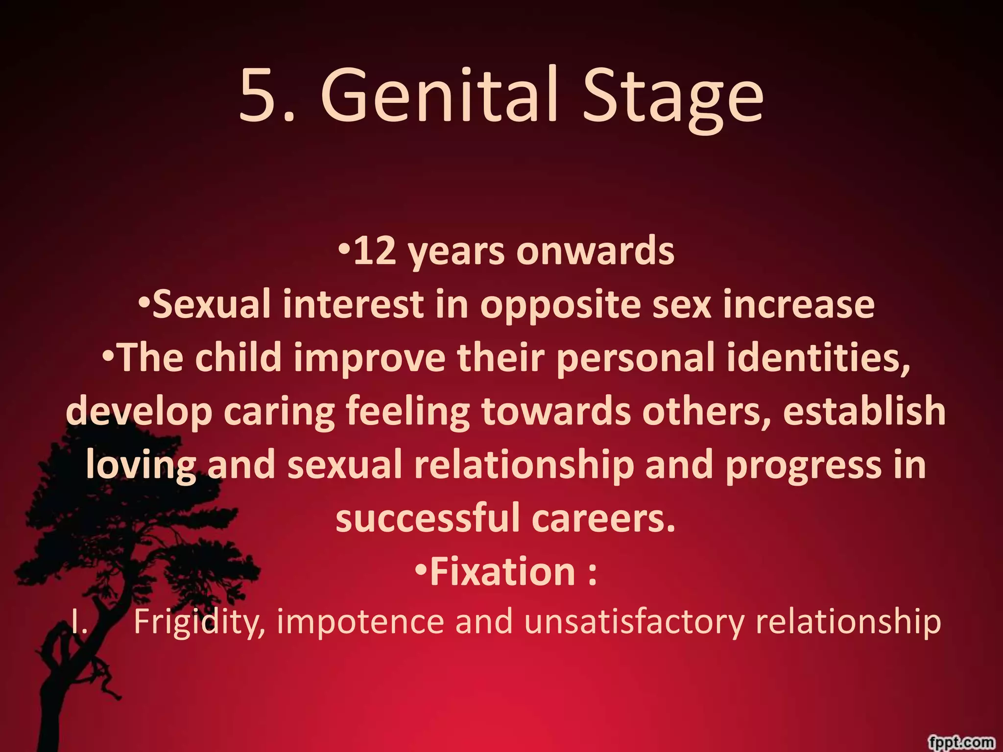 5. Genital Stage
               •12 years onwards
    •Sexual interest in opposite sex increase
  •The child improve their personal identities,
develop caring feeling towards others, establish
 loving and sexual relationship and progress in
               successful careers.
                   •Fixation :
I.   Frigidity, impotence and unsatisfactory relationship
 