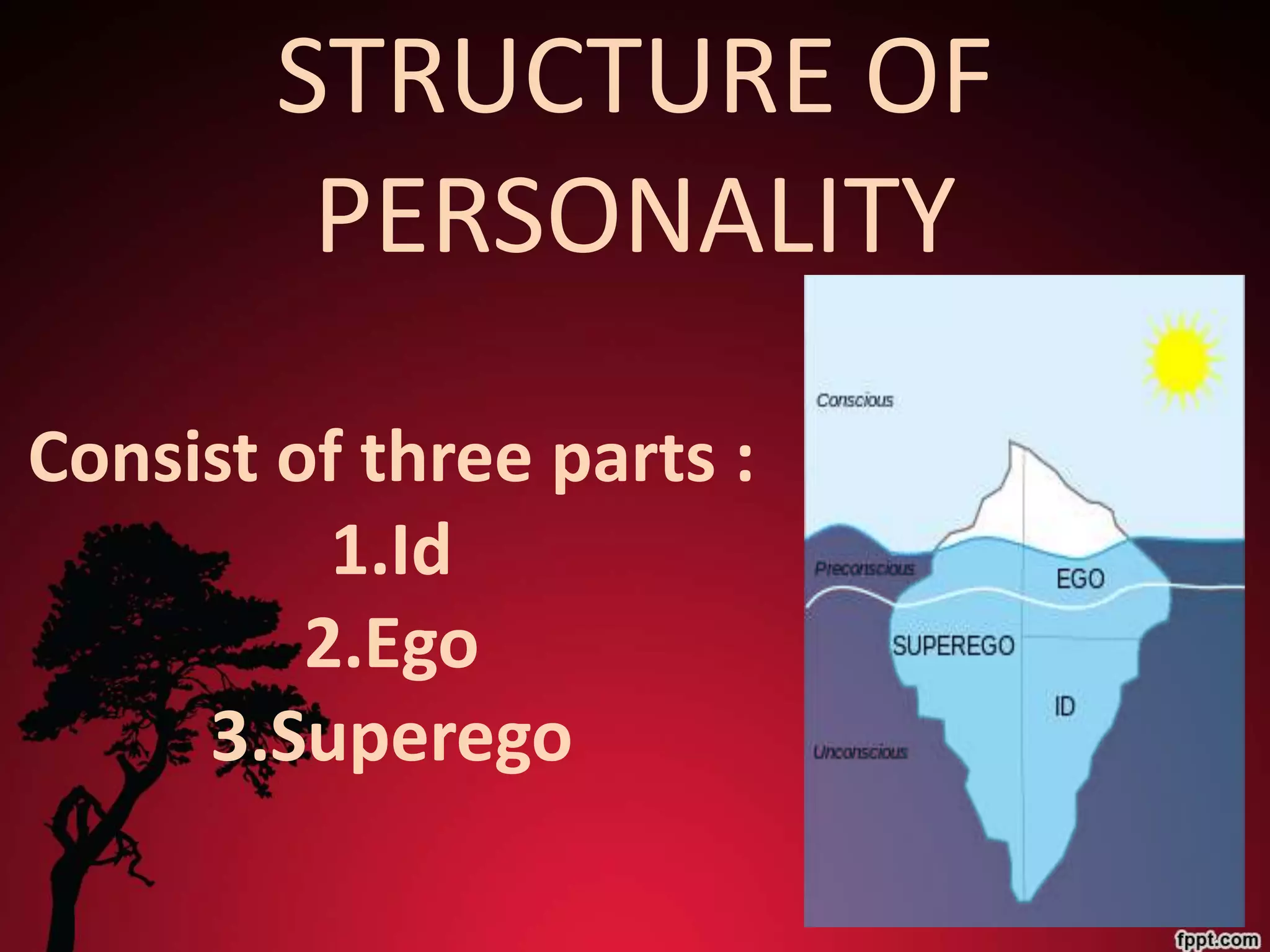 STRUCTURE OF
         PERSONALITY
Consist of three parts :
          1.Id
         2.Ego
     3.Superego
 