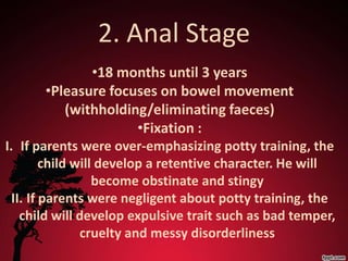 2. Anal Stage
              •18 months until 3 years
       •Pleasure focuses on bowel movement
          (withholding/eliminating faeces)
                     •Fixation :
I. If parents were over-emphasizing potty training, the
         child will develop a retentive character. He will
                   become obstinate and stingy
  II. If parents were negligent about potty training, the
    child will develop expulsive trait such as bad temper,
                cruelty and messy disorderliness
 