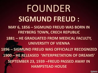 FOUNDER
        SIGMUND FREUD :
   MAY 6, 1856 – SIGMUND FREUD WAS BORN IN
          FREYBERG TOWN, CRECH REPUBLIC
  1881 – HE GRADUATED FROM MEDICAL FACULTY,
               UNIVERSITY OF VIENNA
1896 – SIGMUND FREUD WAS OFFICIALLY RECOGNIZED
 1900 – HE RELEASED ‘INTERPRETATION OF DREAMS’
   SEPTEMBER 23, 1939 –FREUD PASSED AWAY IN
                HAMPSTEAD HOUSE
 