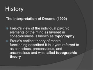 History
The Interpretation of Dreams (1900)
 Freud's view of the individual psychic
elements of the mind as layered in
consciousness is known as topography
 Freud's earliest theory of mental
functioning described it in layers referred to
as conscious, preconscious, and
unconscious and was called topographic
theory
 