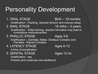 Personality Development
1. ORAL STAGE Birth – 18 months
Gratification - Feeding, reduces tension and induces sleep
2. ANAL STAGE 18 mths – 3 years
Gratification - Toilet training, reaction formation may lead to
compulsive meticulousness
3. PHALLIC STAGE Ages 3-6
Gratification – Genitals, Males -Oedipus Complex and
Females - Electra Complex
4. LATENCY STAGE Ages 6-12
A time of socialization
5. GENITAL STAGE Ages 12 on
Gratification - sex
Puberty and continues into adulthood
 