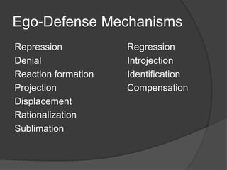 Ego-Defense Mechanisms
Repression Regression
Denial Introjection
Reaction formation Identification
Projection Compensation
Displacement
Rationalization
Sublimation
 
