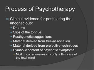 Process of Psychotherapy
 Clinical evidence for postulating the
unconscious:
 Dreams
 Slips of the tongue
 Posthypnotic suggestions
 Material derived from free-association
 Material derived from projective techniques
 Symbolic content of psychotic symptoms
○ NOTE: consciousness is only a thin slice of
the total mind
 