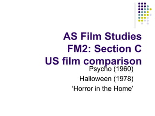 AS Film Studies
     FM2: Section C
US film comparison
           Psycho (1960)
       Halloween (1978)
     ‘Horror in the Home’
 