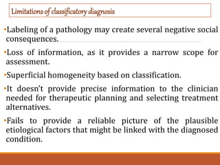 •Labeling of a pathology may create several negative social
consequences.
•Loss of information, as it provides a narrow scope for
assessment.
•Superficial homogeneity based on classification.
•It doesn’t provide precise information to the clinician
needed for therapeutic planning and selecting treatment
alternatives.
•Fails to provide a reliable picture of the plausible
etiological factors that might be linked with the diagnosed
condition.
Limitationsof classificatory diagnosis
 