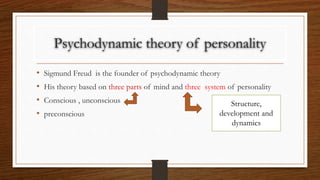 Psychodynamic theory of personality
• Sigmund Freud is the founder of psychodynamic theory
• His theory based on three parts of mind and three system of personality
• Conscious , unconscious
• preconscious
Structure,
development and
dynamics
 