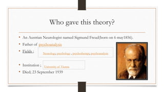 Who gave this theory?
• An Austrian Neurologist named Sigmund Freud(born on 6 may1856).
• Father of psychoanalysis
• Fields ;
• Institution ;
• Died; 23 September 1939
Neurology, psychology , psychotherapy, psychoanalysis
University of Vienna
 
