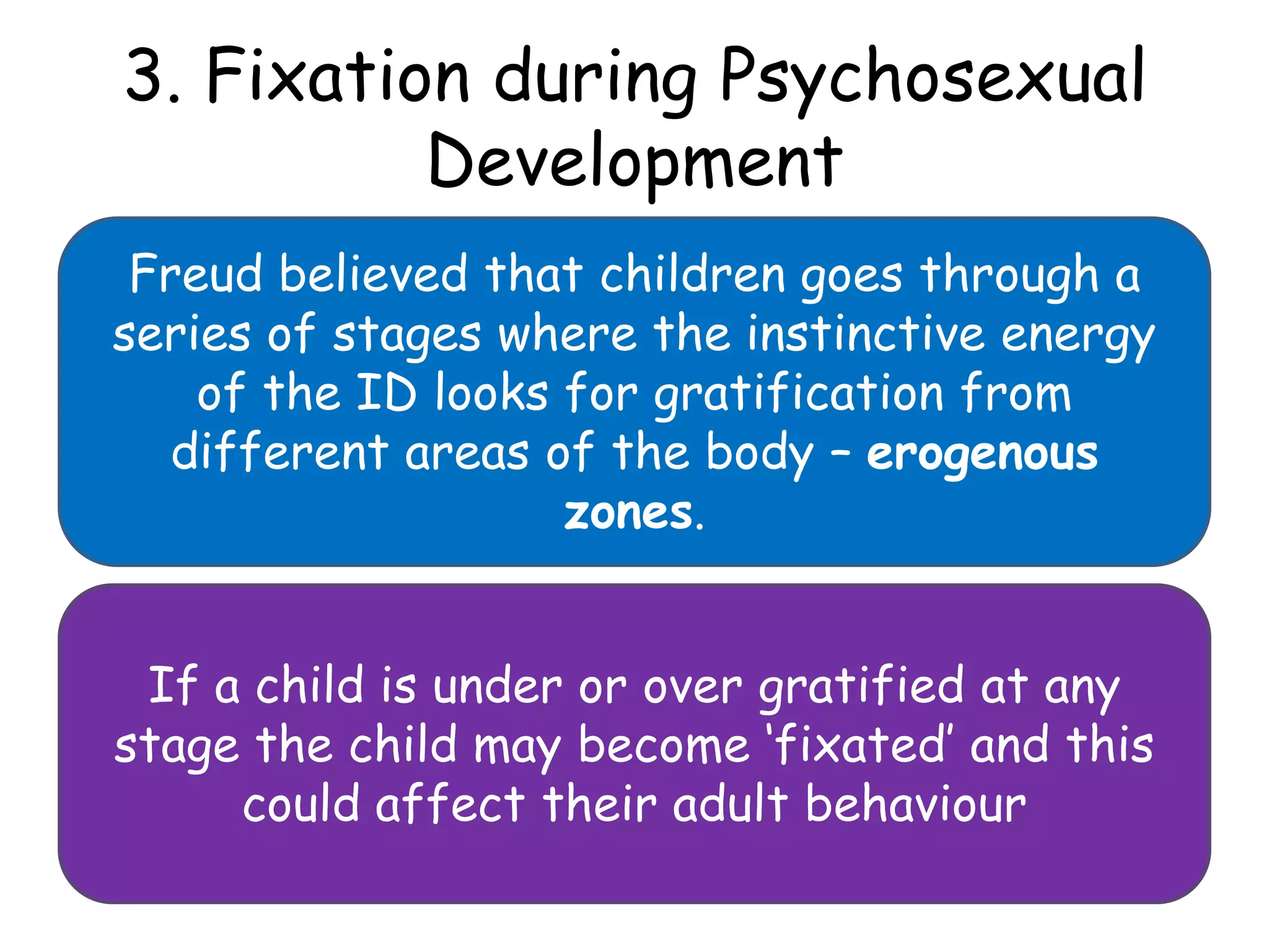 3. Fixation during Psychosexual
          Development
 Freud believed that children goes through a
series of stages where the instinctive energy
    of the ID looks for gratification from
   different areas of the body – erogenous
                    zones.


 If a child is under or over gratified at any
stage the child may become ‘fixated’ and this
     could affect their adult behaviour
 