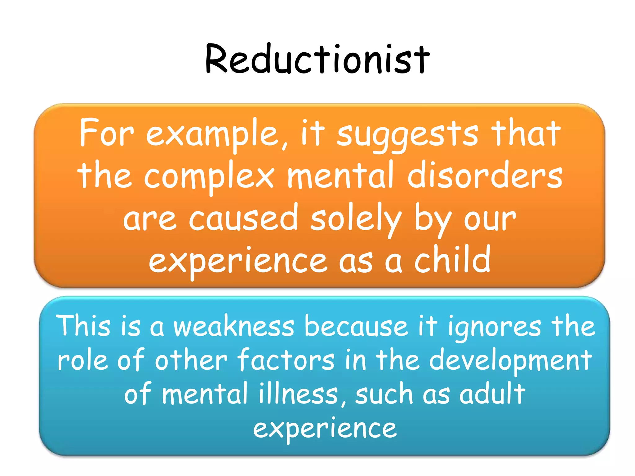 Reductionist
 For example, it suggests that
 the complex mental disorders
    are caused solely by our
     experience as a child
This is a weakness because it ignores the
role of other factors in the development
     of mental illness, such as adult
               experience
 