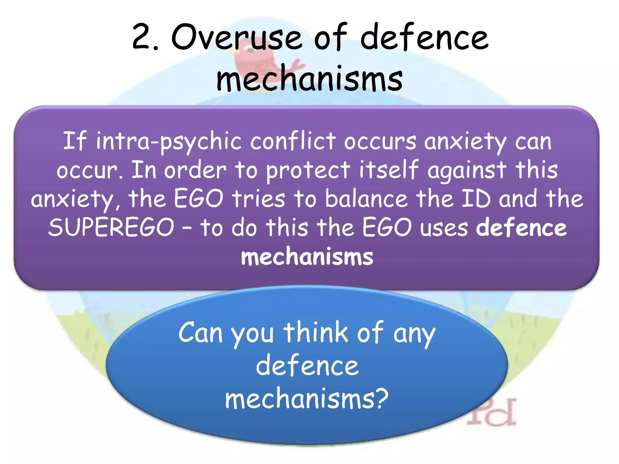 2. Overuse of defence
             mechanisms
   If intra-psychic conflict occurs anxiety can
  occur. In order to protect itself against this
anxiety, the EGO tries to balance the ID and the
 SUPEREGO – to do this the EGO uses defence
                   mechanisms


            Can you think of any
                  defence
               mechanisms?
 