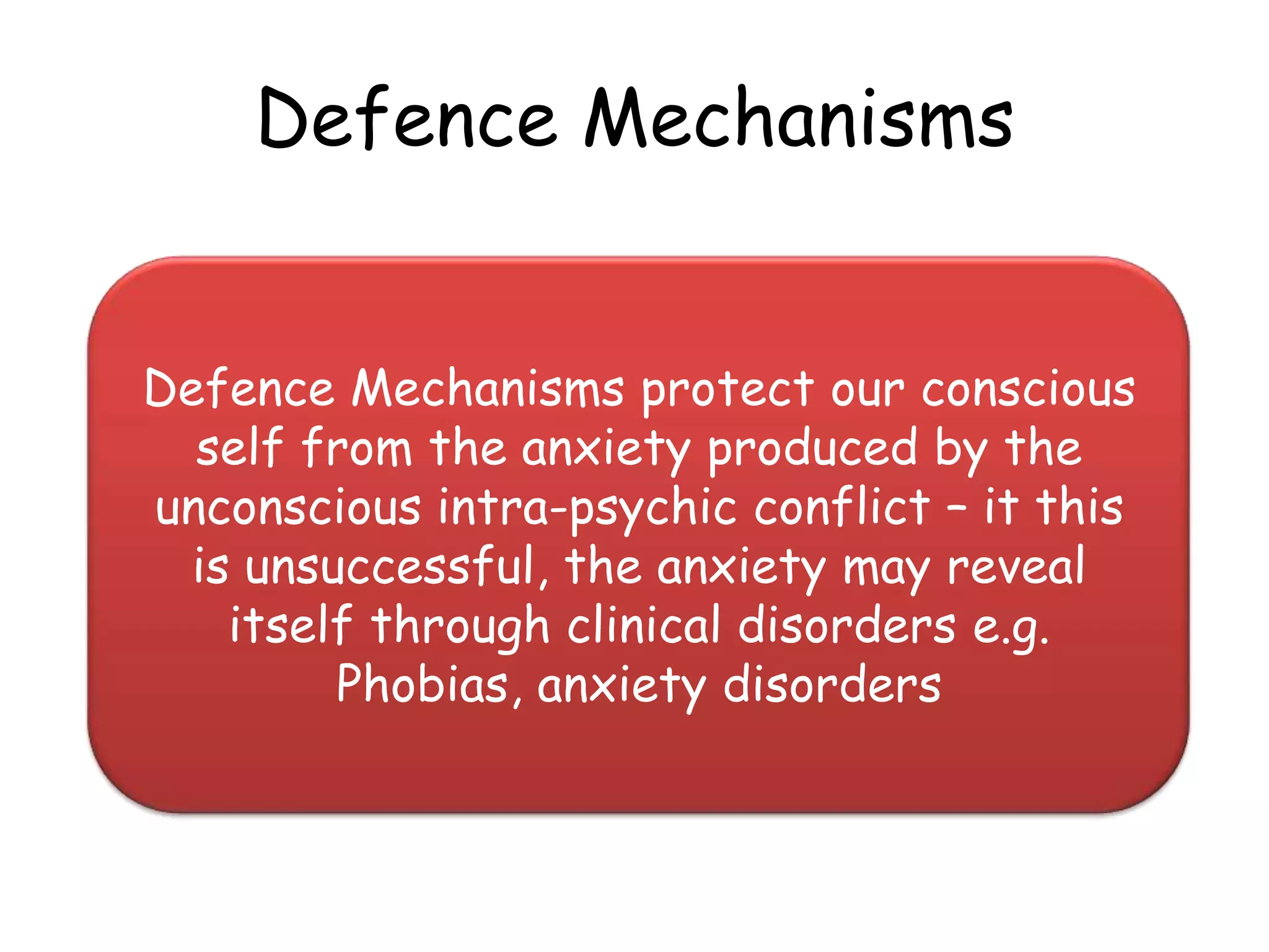 Defence Mechanisms


Defence Mechanisms protect our conscious
  self from the anxiety produced by the
unconscious intra-psychic conflict – it this
  is unsuccessful, the anxiety may reveal
    itself through clinical disorders e.g.
         Phobias, anxiety disorders
 