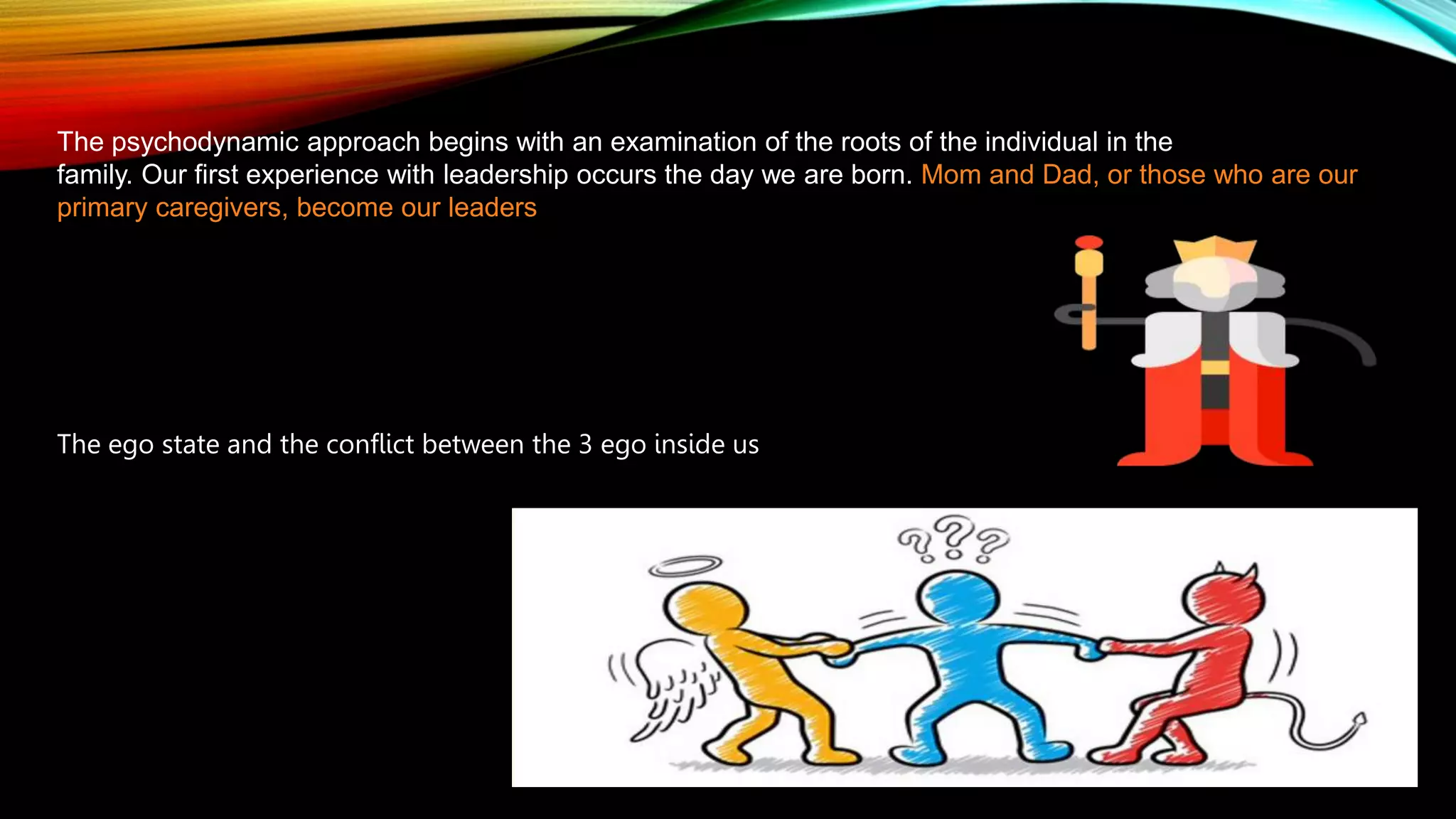 The psychodynamic approach begins with an examination of the roots of the individual in the
family. Our first experience with leadership occurs the day we are born. Mom and Dad, or those who are our
primary caregivers, become our leaders
The ego state and the conflict between the 3 ego inside us
 