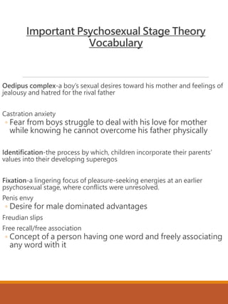 Important Psychosexual Stage Theory
Vocabulary
Oedipus complex-a boy’s sexual desires toward his mother and feelings of
jealousy and hatred for the rival father
Castration anxiety
◦ Fear from boys struggle to deal with his love for mother
while knowing he cannot overcome his father physically
Identification-the process by which, children incorporate their parents’
values into their developing superegos
Fixation-a lingering focus of pleasure-seeking energies at an earlier
psychosexual stage, where conflicts were unresolved.
Penis envy
◦ Desire for male dominated advantages
Freudian slips
Free recall/free association
◦ Concept of a person having one word and freely associating
any word with it
 