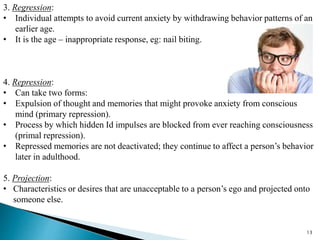 13
3. Regression:
• Individual attempts to avoid current anxiety by withdrawing behavior patterns of an
earlier age.
• It is the age – inappropriate response, eg: nail biting.
4. Repression:
• Can take two forms:
• Expulsion of thought and memories that might provoke anxiety from conscious
mind (primary repression).
• Process by which hidden Id impulses are blocked from ever reaching consciousness
(primal repression).
• Repressed memories are not deactivated; they continue to affect a person’s behavior
later in adulthood.
5. Projection:
• Characteristics or desires that are unacceptable to a person’s ego and projected onto
someone else.
 