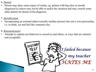 14
6. Denial:
• Person may deny some aspect of reality, eg: patient with big ulcer in mouth
diagnosed as cancer may not be able to tackle the situation and may consult some
other dentist for denial of the diagnosis.
7. Identification:
• Incorporating an external object (usually another person) into one’s own personality,
i.e. to think, act and feel like someone else.
8. Rationalization:
• Attempt to explain our behavior to ourselves and others, in ways that are rational
and acceptable.
 