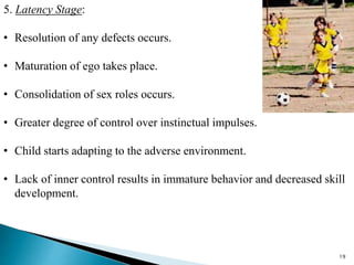 5. Latency Stage:
• Resolution of any defects occurs.
• Maturation of ego takes place.
• Consolidation of sex roles occurs.
• Greater degree of control over instinctual impulses.
• Child starts adapting to the adverse environment.
• Lack of inner control results in immature behavior and decreased skill
development.
19
 