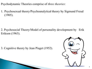 Psychodynamic Theories comprise of three theories:
1. Psychosexual theory/Psychoanalytical theory by Sigmund Freud
(1905).
2. Psychosocial Theory/Model of personality development by Erik
Erikson (1963).
3. Cognitive theory by Jean Piaget (1952).
4
 