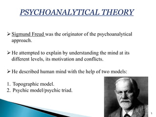 PSYCHOANALYTICAL THEORY
Sigmund Freud was the originator of the psychoanalytical
approach.
He attempted to explain by understanding the mind at its
different levels, its motivation and conflicts.
He described human mind with the help of two models:
1. Topographic model.
2. Psychic model/psychic triad.
5
 