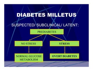 DIABETES MILLETUS
SUSPECTED/ SUBCLINICAL/ LATENT:
                PREDIABETES



    NO STRESS                 STRESS



  NORMAL GLUCOSE        OVERT DIABETES
    METABOLISM
 