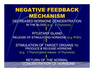 NEGATIVE FEEDBACK
    MECHANISM
DECREASED HORMONE CONCENTRATION
      IN THE BLOOD (e.g. Thyroxine)


            PITUITARY GLAND
RELEASE OF STIMULATING HORMONE (e.g. TSH)

 STIMULATION OF TARGET ORGANS TO
        PRODUCE & RELEASE HORMONE
   (e.g. Thyroid gland release of Thyroxine)

       RETURN OF THE NORMAL
     CONCENTRATION OF HORMONE
 
