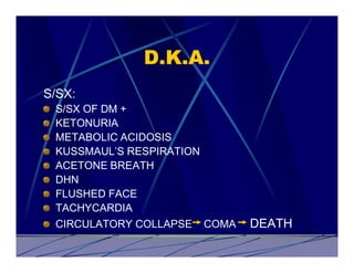 D.K.A.
S/SX:
 S/SX OF DM +
 KETONURIA
 METABOLIC ACIDOSIS
 KUSSMAUL’S RESPIRATION
 ACETONE BREATH
 DHN
 FLUSHED FACE
 TACHYCARDIA
 CIRCULATORY COLLAPSE COMA   DEATH
 