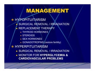 MANAGEMENT
HYPOPITUITARISM
l   SURGICAL REMOVAL / IRRADIATION
l   REPLACEMENT THERAPY
    l   THYROID HORMONES
    l   STEROIDS
    l   SEX HORMONES
    l   GONADOTROPINS (restore fertility)
HYPERPITUITARISM
l   SURGICAL REMOVAL / IRRADIATION
l   MONITOR FOR HYPERGLYCEMIA &
    CARDIOVASCULAR PROBLEMS
 