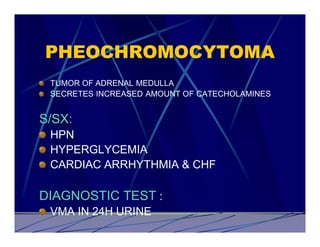 PHEOCHROMOCYTOMA
 TUMOR OF ADRENAL MEDULLA
 SECRETES INCREASED AMOUNT OF CATECHOLAMINES


S/SX:
 HPN
 HYPERGLYCEMIA
 CARDIAC ARRHYTHMIA & CHF

DIAGNOSTIC TEST :
 VMA IN 24H URINE
 