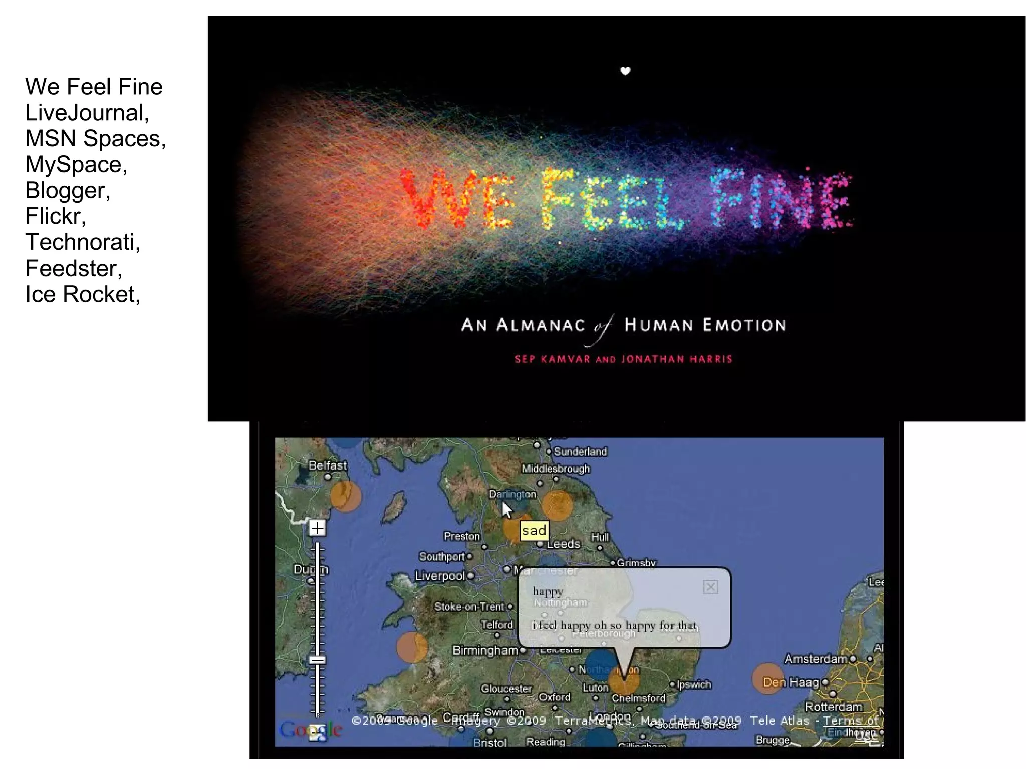 We Feel Fine
LiveJournal,
MSN Spaces,
MySpace,
Blogger,       We feel fine
Flickr,
Technorati,
Feedster,
Ice Rocket,
 