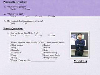 Personal Information:
1. What is your gender?
☐Male

☐Female

2. What is your age?
☐15-18

☐19-22

☐23-26

☐27-30

3. Do you think first impression is accurate?
☐Yes

☐No

Survey Questions:
1. How old do you think Model A is?
☐15-18
☐19-22
☐23-26

☐27-30

2. What do you think about Model A? (Can ✓ more than one option)
☐ Hard-working
☐ Boring
☐ Lazy
☐ Playful
☐ Friendly
☐ Joker
☐ Anti-social
☐ from rich family
☐ Sporty
☐ from average family
☐ Nerdy
☐ from poor family
☐Others: (Please specify):_________________________

MODEL A

 