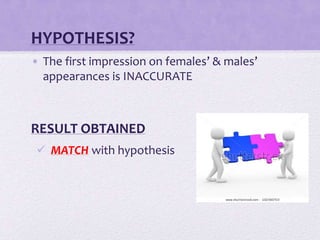 HYPOTHESIS?
• The first impression on females’ & males’
appearances is INACCURATE

RESULT OBTAINED
 MATCH with hypothesis

 