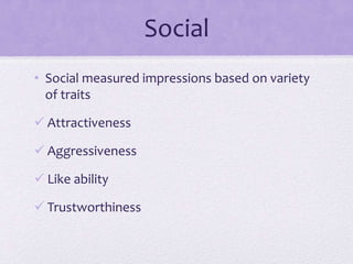 Social
• Social measured impressions based on variety
of traits
 Attractiveness
 Aggressiveness
 Like ability
 Trustworthiness

 