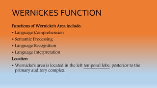 WERNICKES FUNCTION
Functions of Wernicke's Area include:
• Language Comprehension
• Semantic Processing
• Language Recognition
• Language Interpretation
Location
• Wernicke's area is located in the left temporal lobe, posterior to the
primary auditory complex.
 