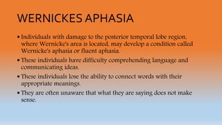 WERNICKES APHASIA
 Individuals with damage to the posterior temporal lobe region,
where Wernicke's area is located, may develop a condition called
Wernicke's aphasia or fluent aphasia.
 These individuals have difficulty comprehending language and
communicating ideas.
 These individuals lose the ability to connect words with their
appropriate meanings.
 They are often unaware that what they are saying does not make
sense.
 