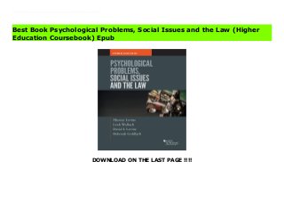 DOWNLOAD ON THE LAST PAGE !!!!
Download Here https://ebooklibrary.solutionsforyou.space/?book=1640201874 Introduces a historical and systems perspective to the interaction between the social science community and the law by discussing history, due process, and civil law, among other thongs. This text includes chapters that introduce the American legal system and the relationship between the law and the social sciences. Download Online PDF Psychological Problems, Social Issues and the Law (Higher Education Coursebook) Download PDF Psychological Problems, Social Issues and the Law (Higher Education Coursebook) Read Full PDF Psychological Problems, Social Issues and the Law (Higher Education Coursebook)
Best Book Psychological Problems, Social Issues and the Law (Higher
Education Coursebook) Epub
 