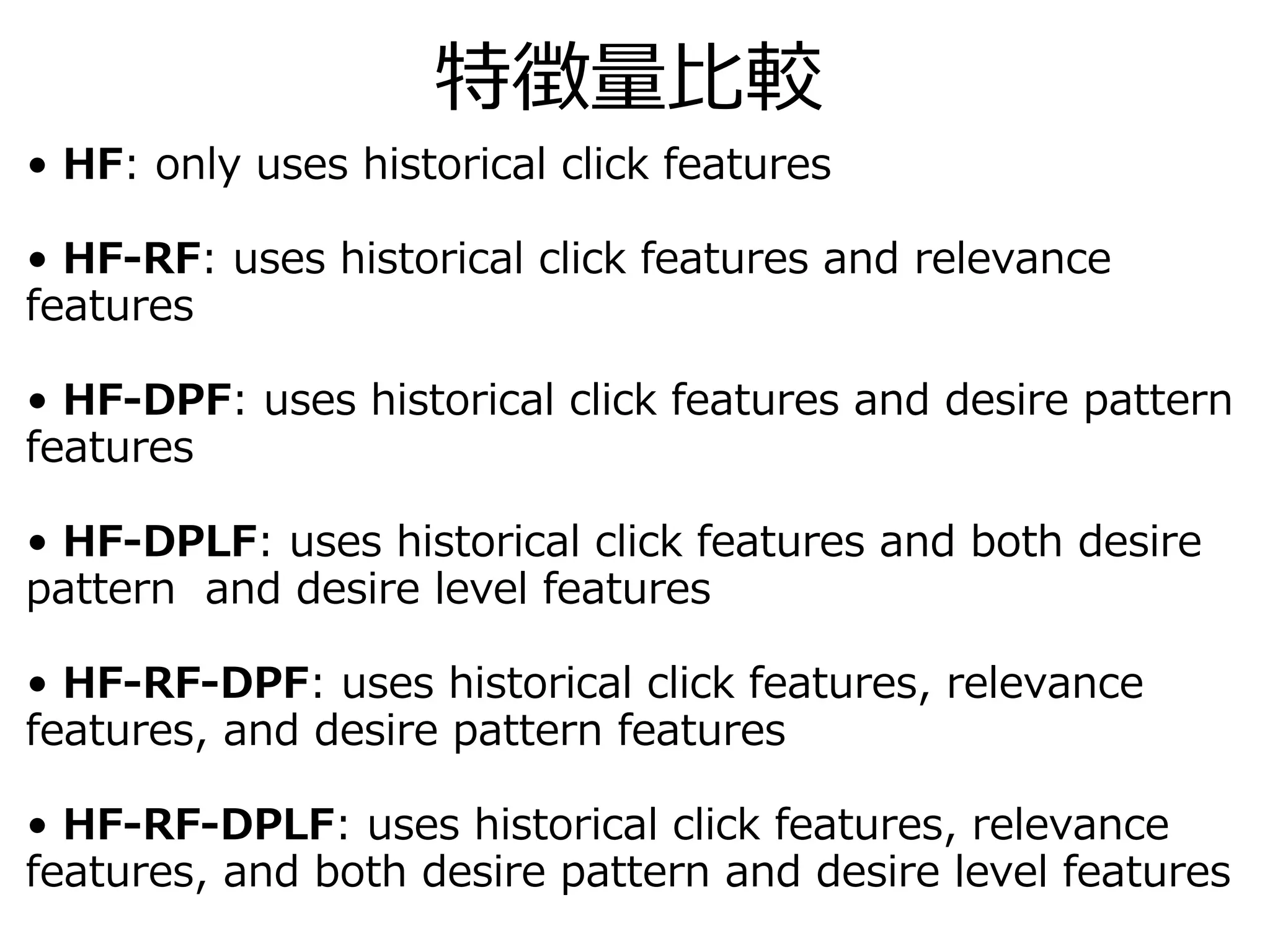 特徴量比較
• HF: only uses historical click features
• HF-RF: uses historical click features and relevance
features
• HF-DPF: uses historical click features and desire pattern
features
• HF-DPLF: uses historical click features and both desire
pattern and desire level features
• HF-RF-DPF: uses historical click features, relevance
features, and desire pattern features
• HF-RF-DPLF: uses historical click features, relevance
features, and both desire pattern and desire level features
 