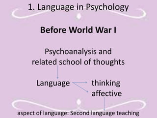 1. Language in Psychology 
Before World War I 
Psychoanalysis and 
related school of thoughts 
Language thinking 
affective 
aspect of language: Second language teaching 
 