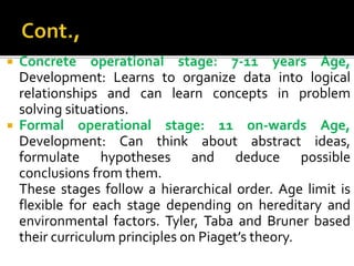  Concrete operational stage: 7-11 years Age,
Development: Learns to organize data into logical
relationships and can learn concepts in problem
solving situations.
 Formal operational stage: 11 on-wards Age,
Development: Can think about abstract ideas,
formulate hypotheses and deduce possible
conclusions from them.
These stages follow a hierarchical order. Age limit is
flexible for each stage depending on hereditary and
environmental factors. Tyler, Taba and Bruner based
their curriculum principles on Piaget’s theory.
 